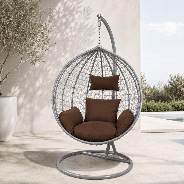 Fotoliu suspendat oval, perna si tetiera, structura otel, gri antracit/maro, 103x107x195 cm