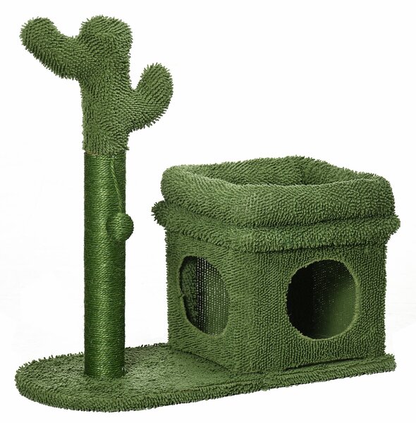 PawHut Turn pentru Pisici sub 5kg, Design Cactus din Lemn, cu Pat, 68x30x67cm, Verde, Unic și Stilat | Aosom Romania