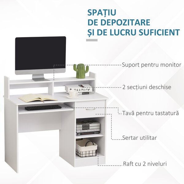 HOMCOM Birou Modern pentru Calculator Spațiu de Lucru Optimizat 104x48x95.5 cm Design Elegant în Alb | Aosom Romania
