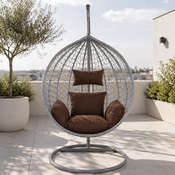 Fotoliu suspendat oval, perna si tetiera, structura otel, gri antracit/maro, 103x107x195 cm