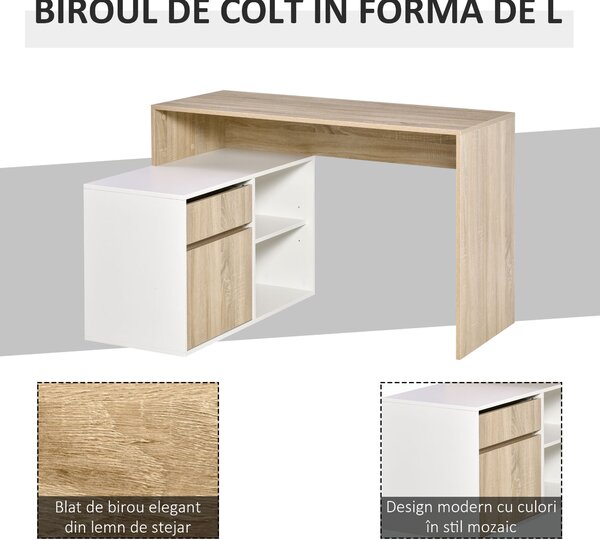 Birou unghiular din lemn cu un sertar, un dulapior si doua rafturi deschise, din PAL 120x92x75.5cm HOMCOM | Aosom Romania