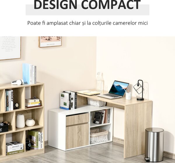 Birou unghiular din lemn cu un sertar, un dulapior si doua rafturi deschise, din PAL 120x92x75.5cm HOMCOM | Aosom Romania