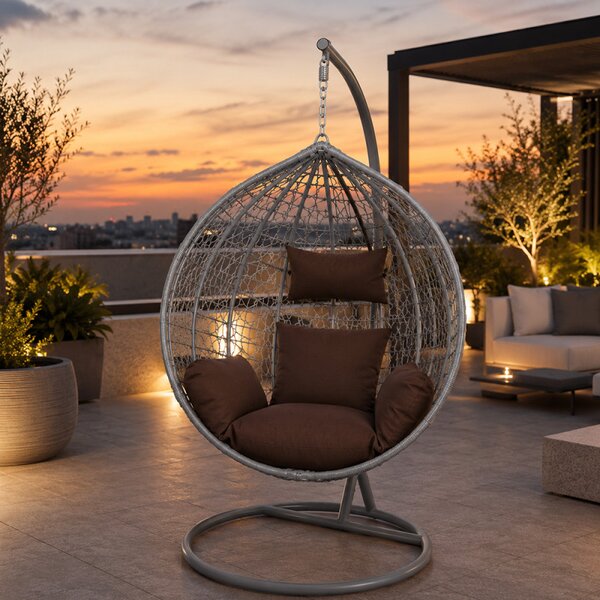 Fotoliu suspendat oval, perna si tetiera, structura otel, gri antracit/maro, 103x107x195 cm