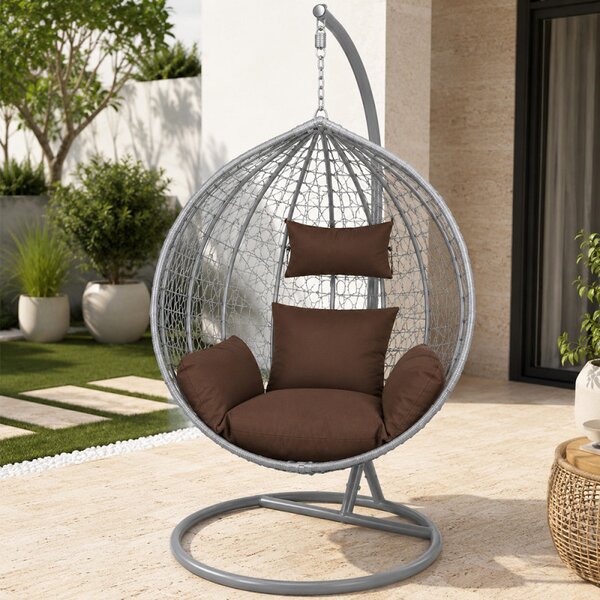 Fotoliu suspendat oval, perna si tetiera, structura otel, gri antracit/maro, 103x107x195 cm
