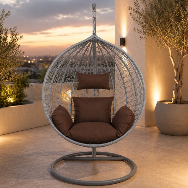 Fotoliu suspendat oval, perna si tetiera, structura otel, gri antracit/maro, 103x107x195 cm