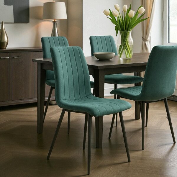Scaun dining, tapiterie stofa, inaltime totala 91 cm, latime 43 cm, picioare metalice negre, stil elegant, verde