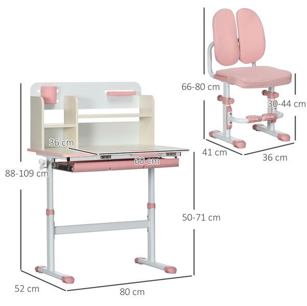 ZONEKIZ Set de Birou pentru Copii cu Înălțime Reglabilă, Masă de Studiu cu Raft și Spațiu de Depozitare, 80x52x88-109 cm, Roz | Aosom Romania