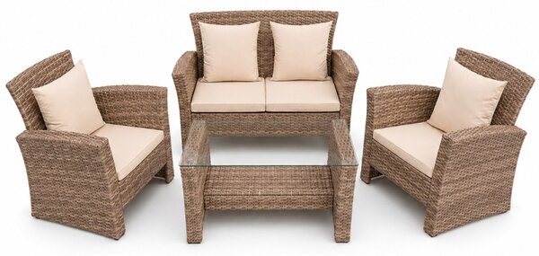 Set mobilier gradina Santorini, 4 piese, fotolii, canapea, masuta de cafea, poliratan bej