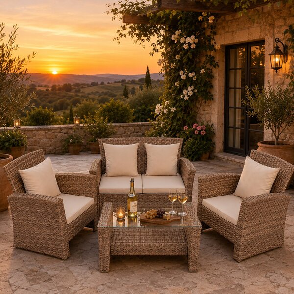 Set mobilier gradina Santorini, 4 piese, fotolii, canapea, masuta de cafea, poliratan bej