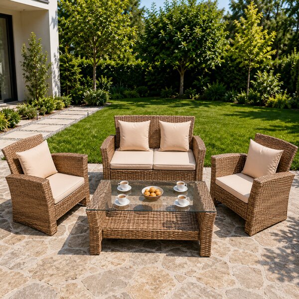 Set mobilier gradina Santorini, 4 piese, fotolii, canapea, masuta de cafea, poliratan bej
