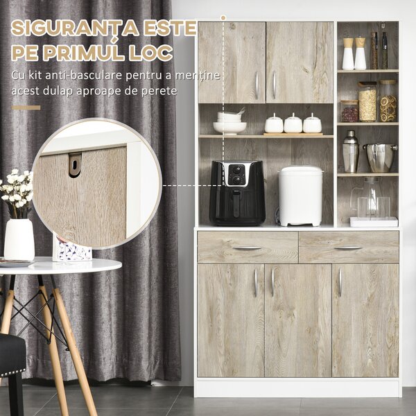 HOMCOM Bufet de Bucătărie Spațios, Dulap cu Sertare și Uși, Design Modern, 100x39x180 cm, Alb și Lemn Natural | Aosom Romania