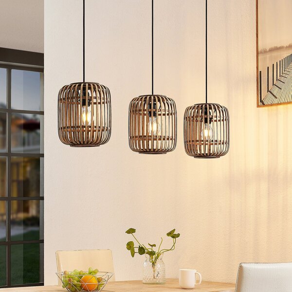 Lindby Lampă suspendată Canyana, naturală, 3 becuri, rattan, 105 cm, reglabil, Lemn, Camera de zi / sufragerie, Lemn, Casă de țară / Rustic