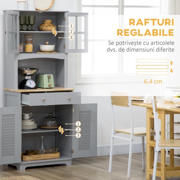 HOMCOM Bufet pentru bucatarie, Mobilier din lemn, dulap de bucatarie in stil clasic, Gri, 68x39.5x170cm | Aosom Romania