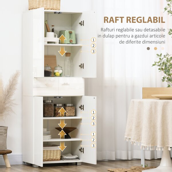 Dulap Bucatarie cu sertare,4 usi, cu 5 niveluri cu 3 rafturi reglabile, pentru sufragerie, alb lucios 60x35x170cm HOMCOM | Aosom Romania