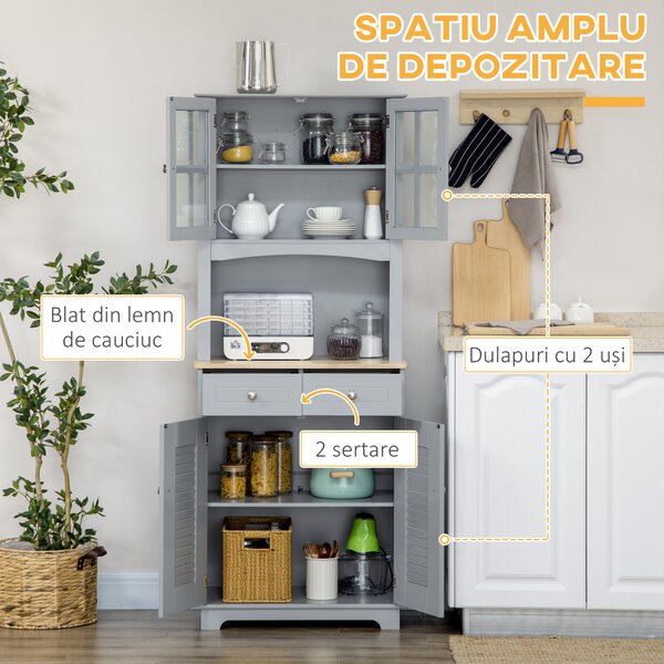 HOMCOM Bufet pentru bucatarie, Mobilier din lemn, dulap de bucatarie in stil clasic, Gri, 68x39.5x170cm | Aosom Romania