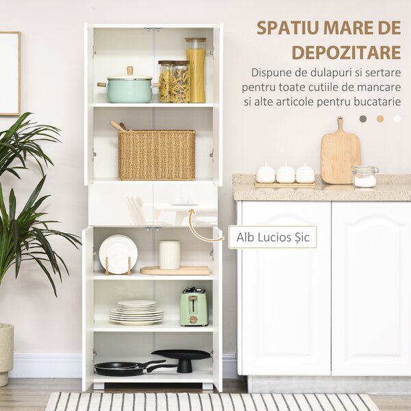 Dulap Bucatarie cu sertare,4 usi, cu 5 niveluri cu 3 rafturi reglabile, pentru sufragerie, alb lucios 60x35x170cm HOMCOM | Aosom Romania