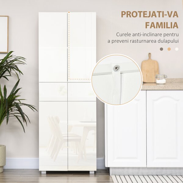 Dulap Bucatarie cu sertare,4 usi, cu 5 niveluri cu 3 rafturi reglabile, pentru sufragerie, alb lucios 60x35x170cm HOMCOM | Aosom Romania