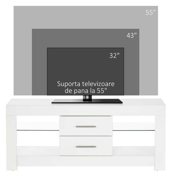 HOMCOM Comodă TV Modernă 55" cu LED RGB (12 Culori), Telecomandă Inclusă, Lemn cu Etajere din Sticlă, Dimensiune 120x40x50cm, Alb | Aosom Romania