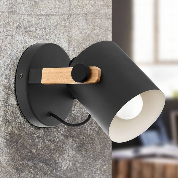 EGLO Hornwood aplică cu detalii din lemn, negru, reglabil, Negru, Camera de zi / sufragerie, Metal, Modern