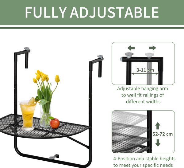 Outsunny Masă de Balcon Suspendată, Măsuță Metalică Pliabilă, Ideală pentru Spații Mici, Neagră | Aosom Romania