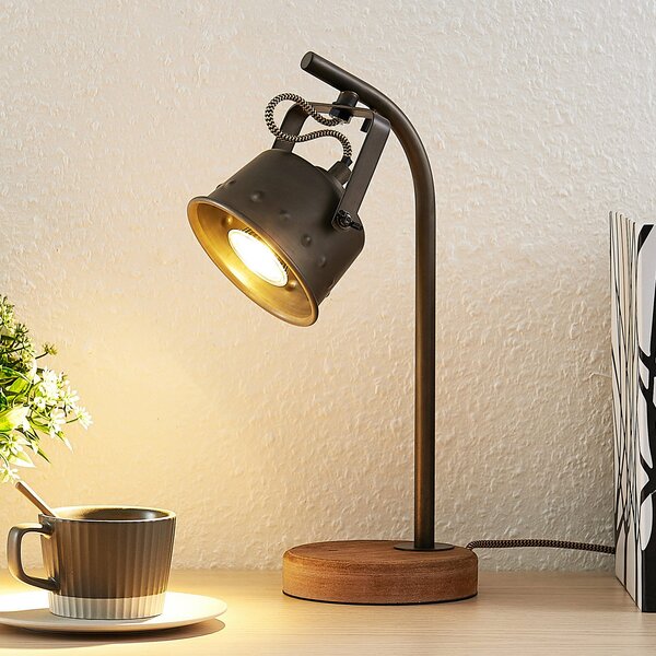 Lindby lampă de masă Rubinjo, 37cm, negru, lemn, metal, GU10, Negru, Camera de zi / sufragerie, Metal, Vintage, Birou de masă