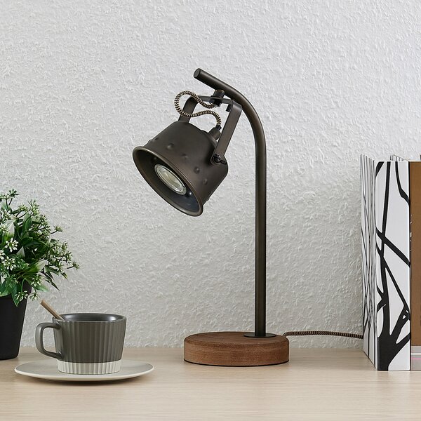 Lindby lampă de masă Rubinjo, 37cm, negru, lemn, metal, GU10, Negru, Camera de zi / sufragerie, Metal, Vintage, Birou de masă