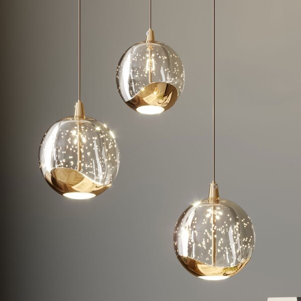 Lucande Lampă suspendată LED Hayley, Ø 25 cm, 3 becuri, aur, sticlă, Transparent, Camera de zi / sufragerie, Sticlă, Modern