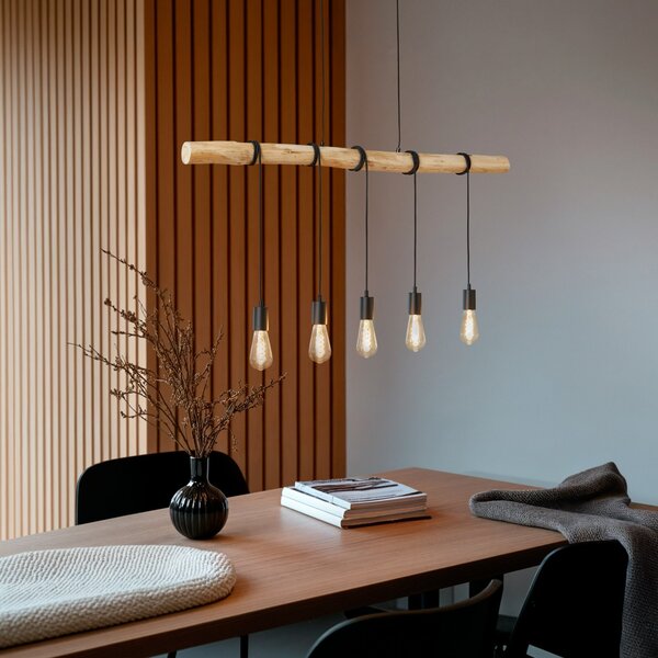 Lindby lampă suspendată Rom, 5 becuri, lemn, frânghie, negru, 116 cm