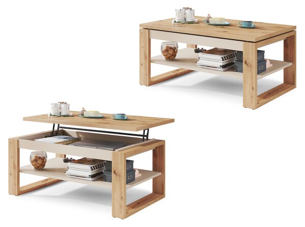 Mazzoni NUO Stejar Artisan/Bej (Șampanie) - MĂSUȚĂ MODERNĂ CU BLAT CARE SE RIDICĂ