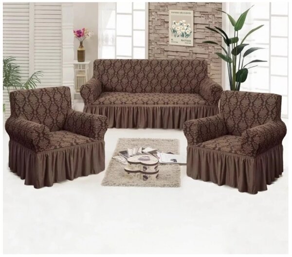 Set huse elastice canapea si fotolii, model Jacquard, Maro