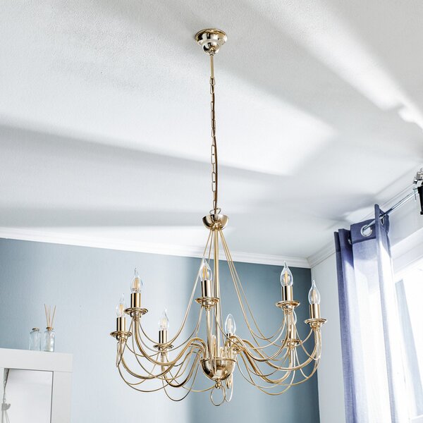 Domiluce Candelabru Retro auriu, 8 becuri, suspend. 120cm, reglabil, Auriu / Alamă, Camera de zi / sufragerie, Metal, Pandantiv cu flacără multiplă