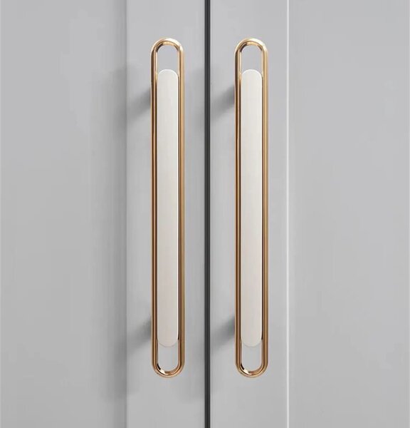 Maner metalic pentru mobilier, model Kelen, distanta dintre gauri = 128 | 224 mm, finisaj auriu lucios/alb