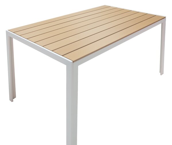Set de 5 buc masa si scaune de gradina Nares-Azelie aluminiu alb si placaj in nuanta naturala 140x80x72.5 cm