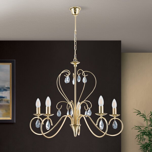 ORION Candelabru Alessia cu 5 becuri, sticlă cristal aurie, reglabil, Auriu / Alamă, Camera de zi / sufragerie, Metal