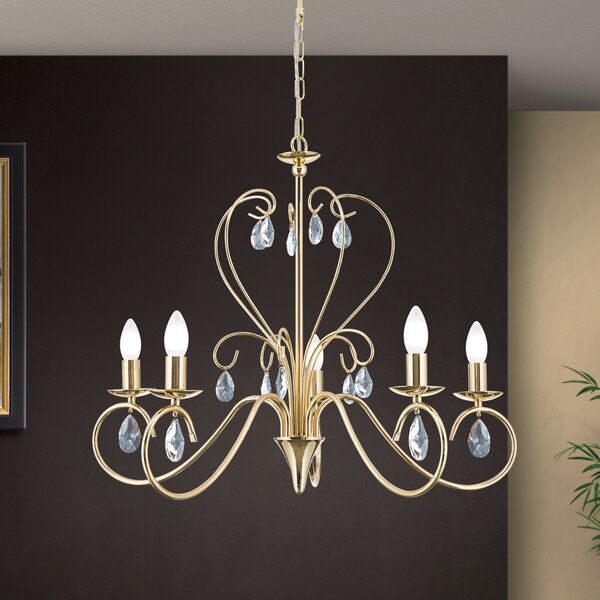 ORION Candelabru Alessia cu 5 becuri, sticlă cristal aurie, reglabil, Auriu / Alamă, Camera de zi / sufragerie, Metal