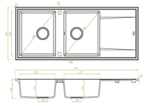 Laveo Megalo, chiuvetă din granit cu 2 compartimente 1160x500x185 mm cu scurgător lung, neagră, LAV-SBE_721B