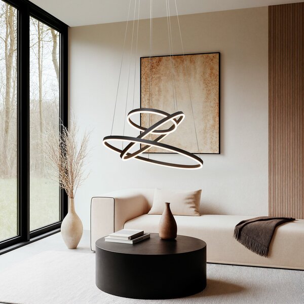 Arcchio Lampă suspendată LED Albiona, negru, 3 inele, Ø 80 cm, reglabil, Negru, Camera de zi / sufragerie, Metal, Modern