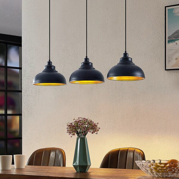 Lindby lampă suspendată Emna, 3 becuri, negru / auriu, metal, 101cm, reglabil, Negru, Camera de zi / sufragerie, Metal, Vintage