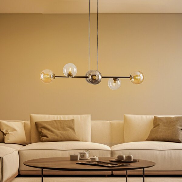 EMIBIG LIGHTING Lampă suspendată Glassy, 6 becuri, grafit/chihlimbar/transparent, sticlă, 110 cm, reglabil, Negru, Camera de zi / sufragerie, Sticlă, Modern