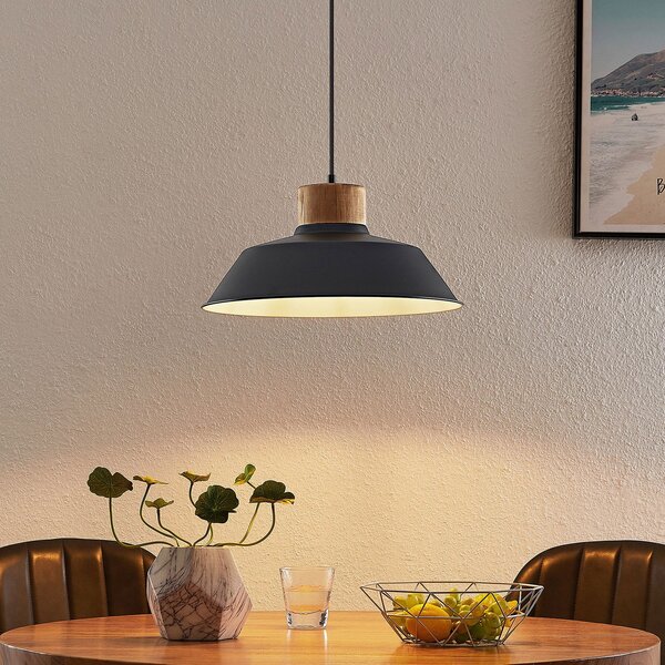 Lindby lampă suspendată Nefeli, Ø 42 cm, negru, lemn, metal, reglabil, Negru, Camera de zi / sufragerie, Metal, Vintage