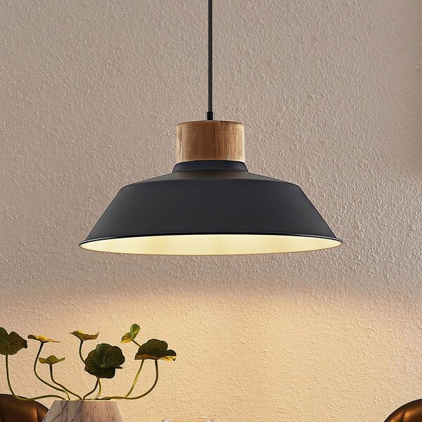 Lindby lampă suspendată Nefeli, Ø 42 cm, negru, lemn, metal, reglabil, Negru, Camera de zi / sufragerie, Metal, Vintage