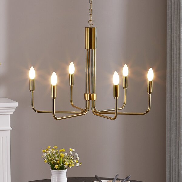Lindby Candelabru Elanova, alamă, 6 becuri, Ø 70 cm, E14, reglabil, Auriu / Alamă, Camera de zi / sufragerie, Metal, Antichitate