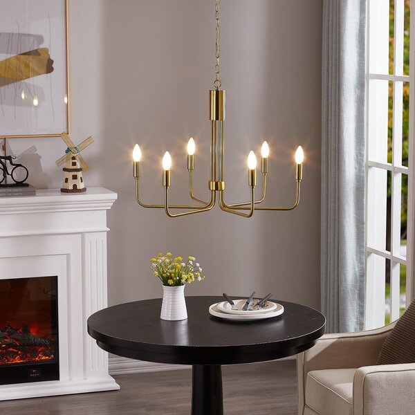 Lindby Candelabru Elanova, alamă, 6 becuri, Ø 70 cm, E14, reglabil, Auriu / Alamă, Camera de zi / sufragerie, Metal, Antichitate