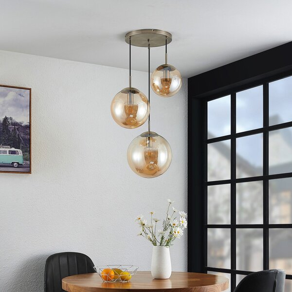 Lindby lampă suspendată Teeja, chihlimbar, 3 becuri, Ø52cm, sticlă, E27, reglabil, Bronz / Alamă Veche, Camera de zi / sufragerie, Sticlă, Modern
