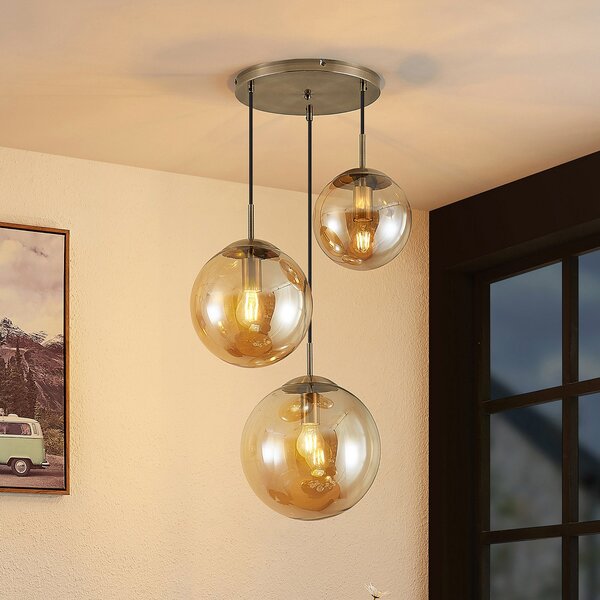 Lindby lampă suspendată Teeja, chihlimbar, 3 becuri, Ø52cm, sticlă, E27, reglabil, Bronz / Alamă Veche, Camera de zi / sufragerie, Sticlă, Modern