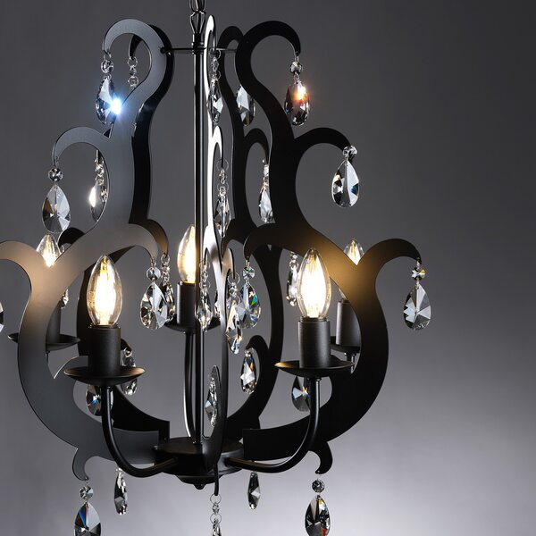 ONLI Candelabru Jane metal negru 5 becuri cristal, reglabil, Negru, Camera de zi / sufragerie, Metal