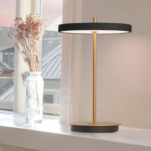 UMAGE Lampă de masă LED reîncărcabilă Asteria Move negru/zahăr 31 cm, reglabil, Auriu / Alamă, Camera de zi / sufragerie, Metal, Design