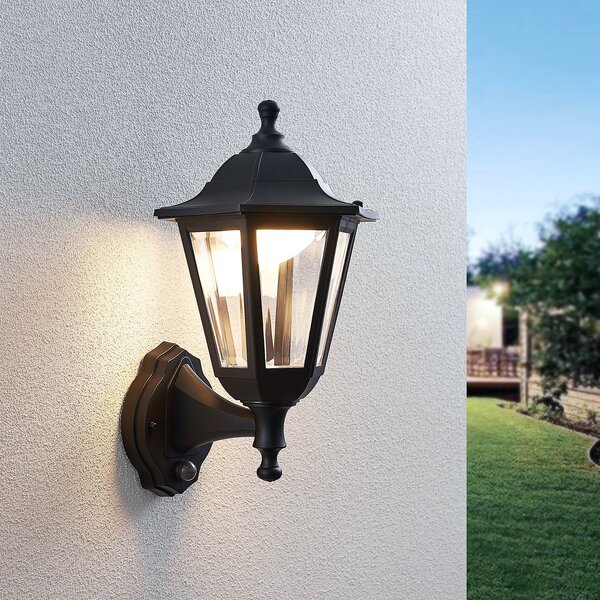 Lindby LED lampă de perete în aer liber Iavo, senzor, negru, lanternă, Negru, Plastic, Antichitate, Soclu de perete jos