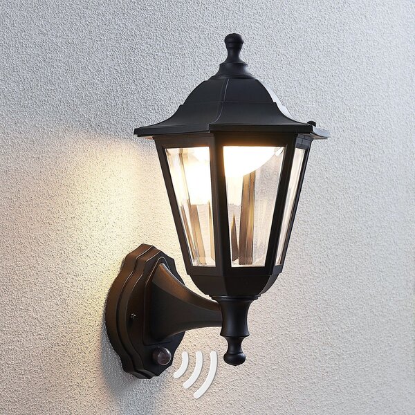 Lindby LED lampă de perete în aer liber Iavo, senzor, negru, lanternă, Negru, Plastic, Antichitate, Soclu de perete jos
