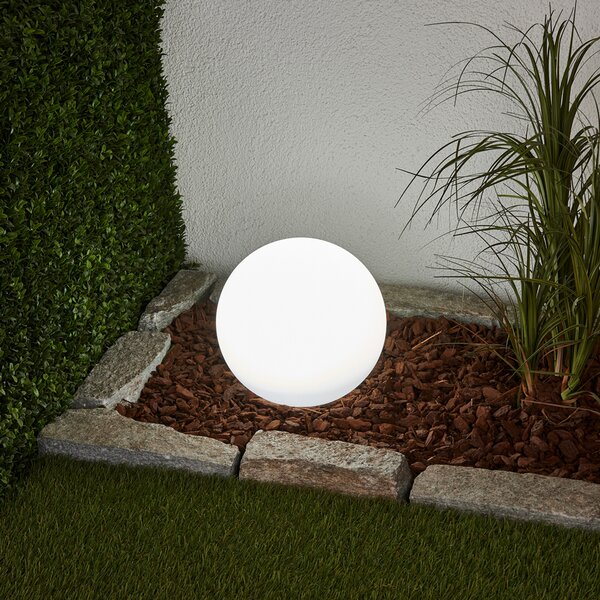 Lindby LED lampă solară Lago, Ø 25 cm, glob, țepușă la sol, alb, Alb, Plastic, Modern, Glob pentru exterior